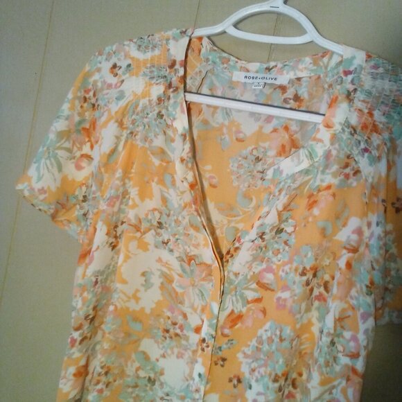 Rose & Olive Blouse Women L Short Sleeve Button Up Feminine Floral Orange Green - Picture 4 of 13